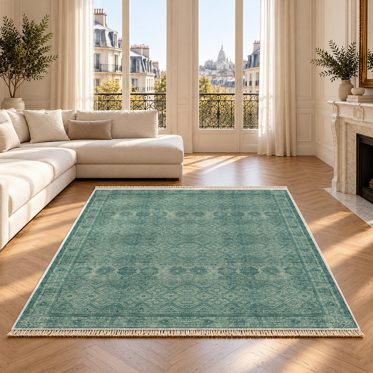 Anatolian Tonal Petrol & Sand washable rug on an oak floor