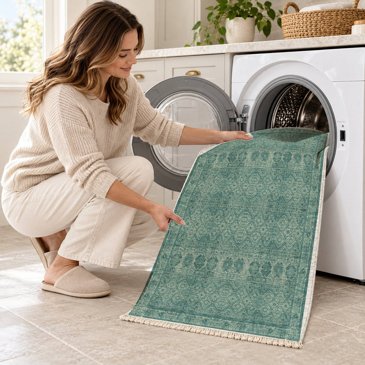 Anatolian Tonal Petrol & Sand washable rug being loaded into a washing machine