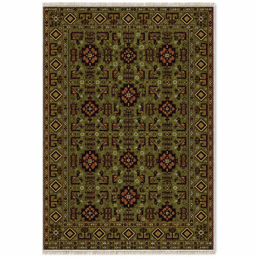 Andkhoy Gul Olive Green Afghan Washable Rug
