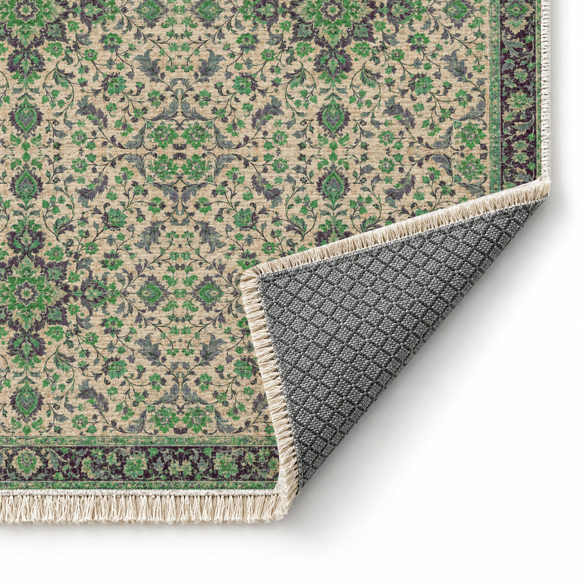 Antique Garden Teal & Plum washable rug folded corner showing the backing