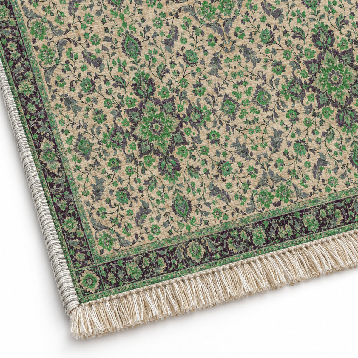 Antique Garden Teal & Plum washable rug close-up of the printed chenille