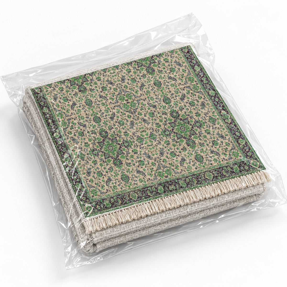 Antique Garden Teal & Plum washable rug rolled and packaged