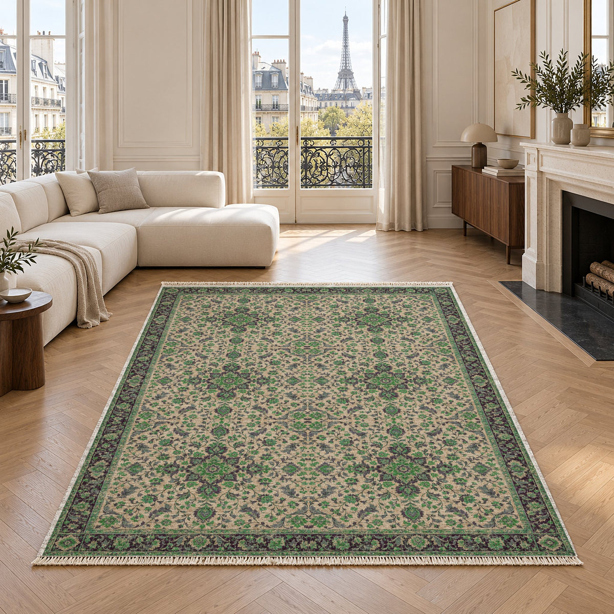 Antique Garden Teal & Plum washable rug in a living room with an Eiffel Tower view