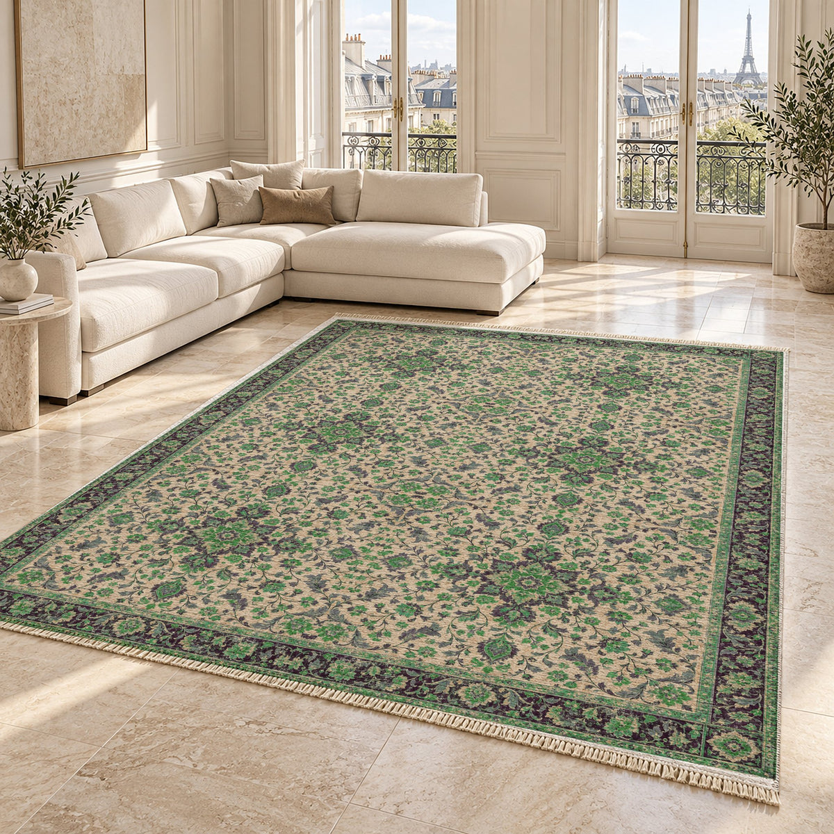 Antique Garden Teal & Plum washable rug angled room view on marble