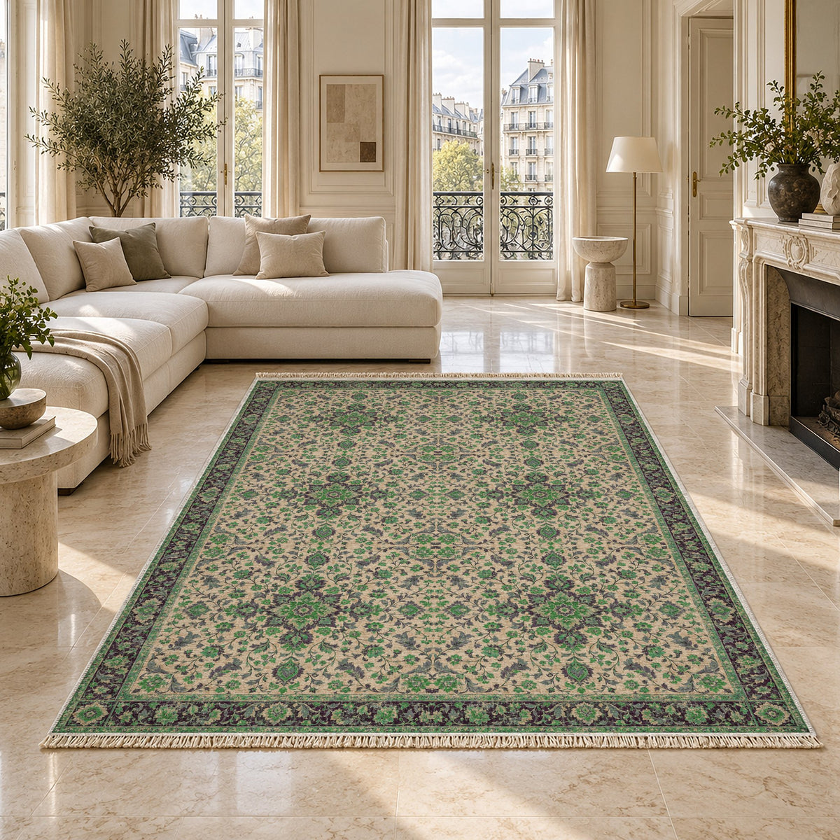 Antique Garden Teal & Plum washable rug on a marble floor
