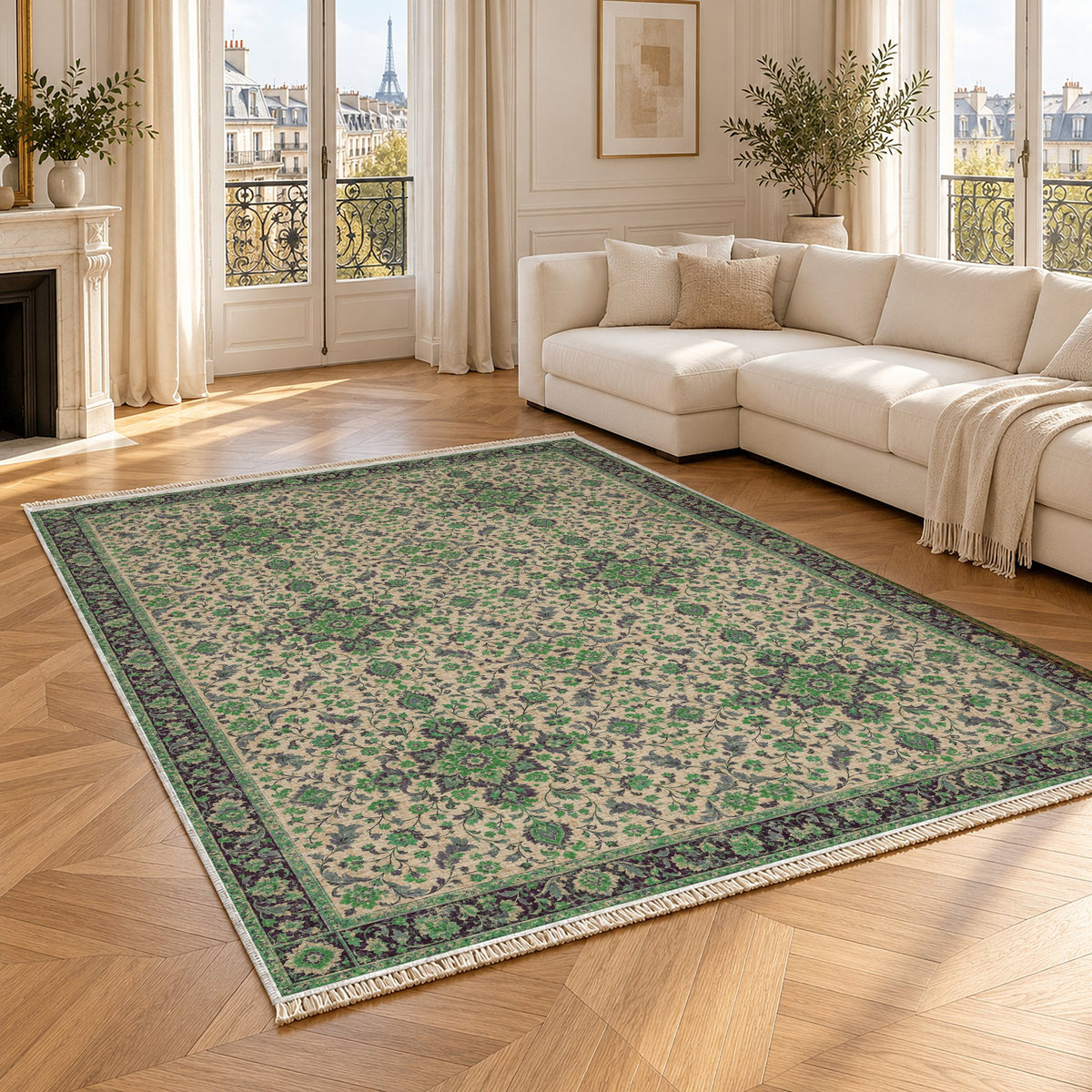 Antique Garden Teal & Plum washable rug angled room view