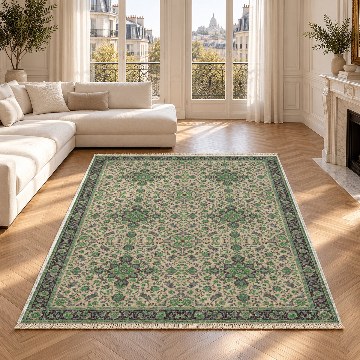 Antique Garden Teal & Plum washable rug in a Paris living room