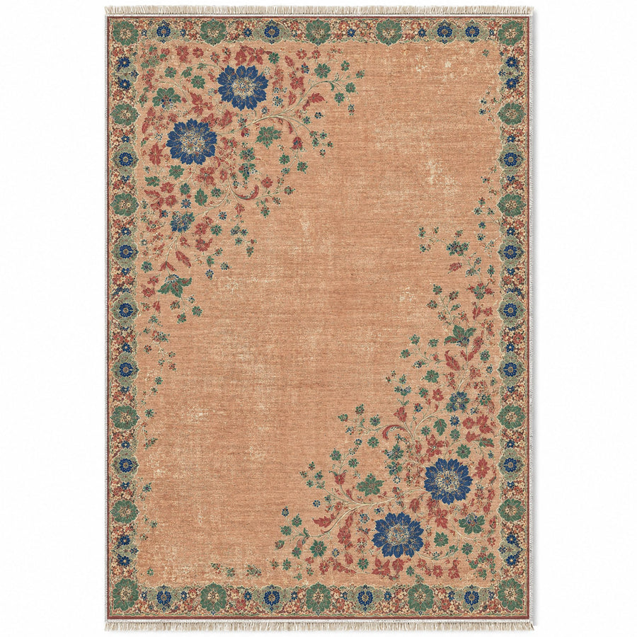 Antique Lace Islands Peach, Cobalt & Jade Distressed Washable Rug