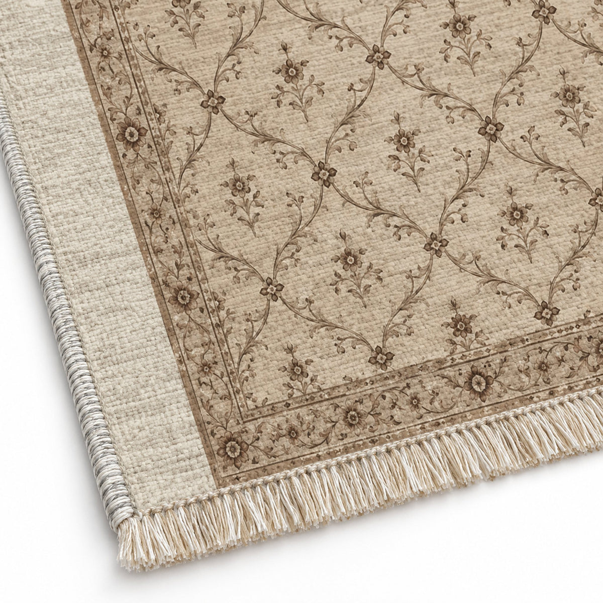 Antique Lattice Ivory & Taupe washable rug close-up of the printed chenille