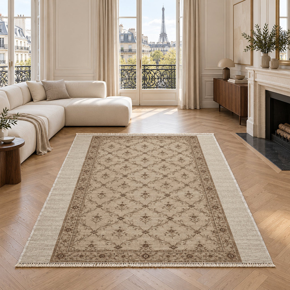 Antique Lattice Ivory & Taupe washable rug in a living room with an Eiffel Tower view