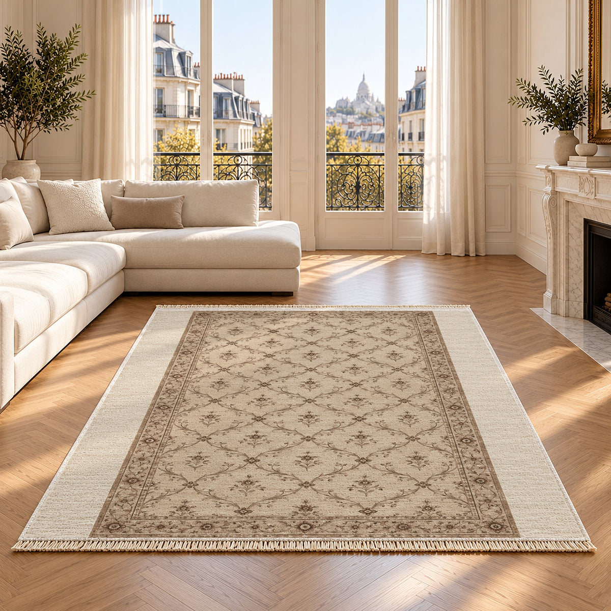 Antique Lattice Ivory & Taupe washable rug on an oak floor