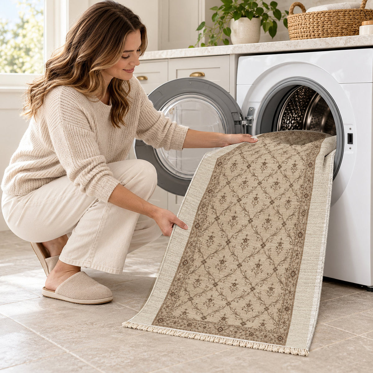 Antique Lattice Ivory & Taupe washable rug being loaded into a washing machine