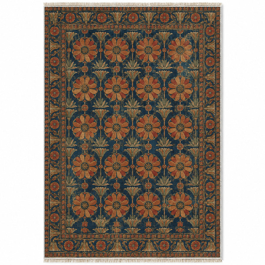Apadana Rosettes Indigo & Rust Persian Washable Rug