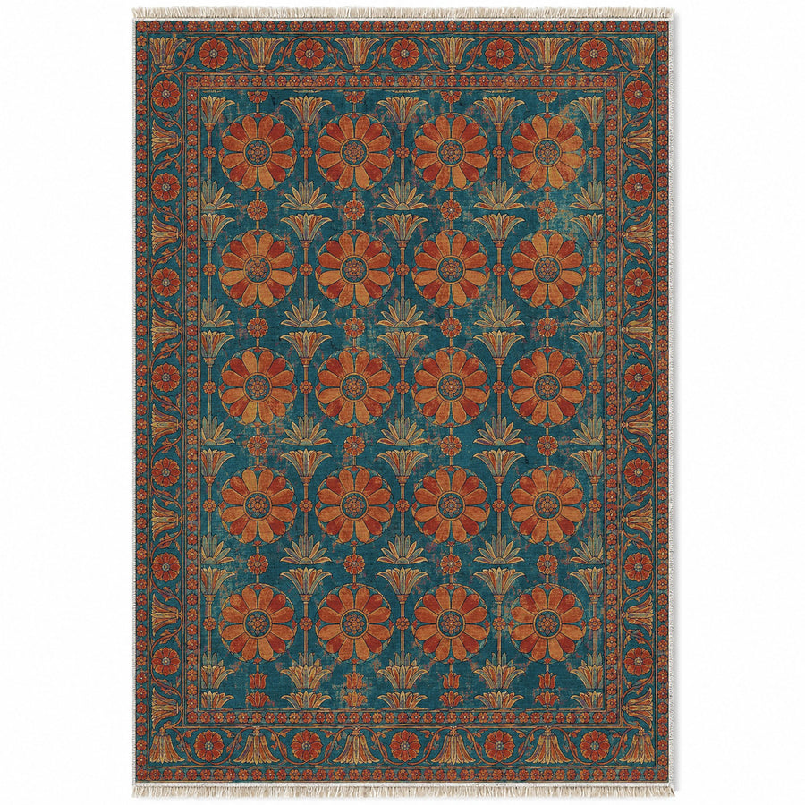 Apadana Rosettes Peacock & Ochre Persian Washable Rug