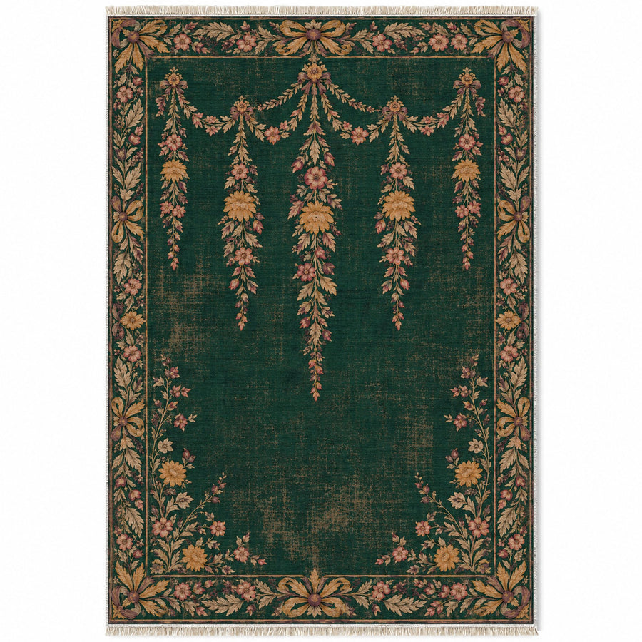 Aubusson Swag Balcony Forest & Marigold Distressed Washable Rug