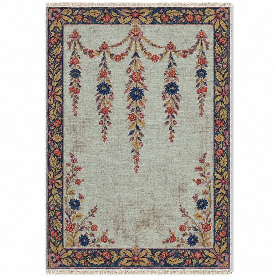 Aubusson Swag Balcony Glacier, Ink & Vermilion Distressed Washable Rug