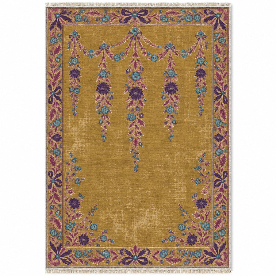 Aubusson Swag Balcony Golden, Plum & Azure Distressed Washable Rug