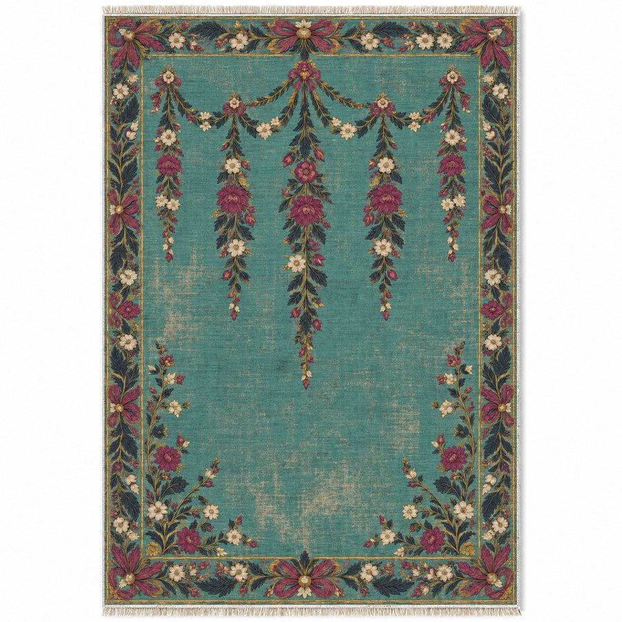 Aubusson Swag Balcony Lagoon & Berry Distressed Washable Rug