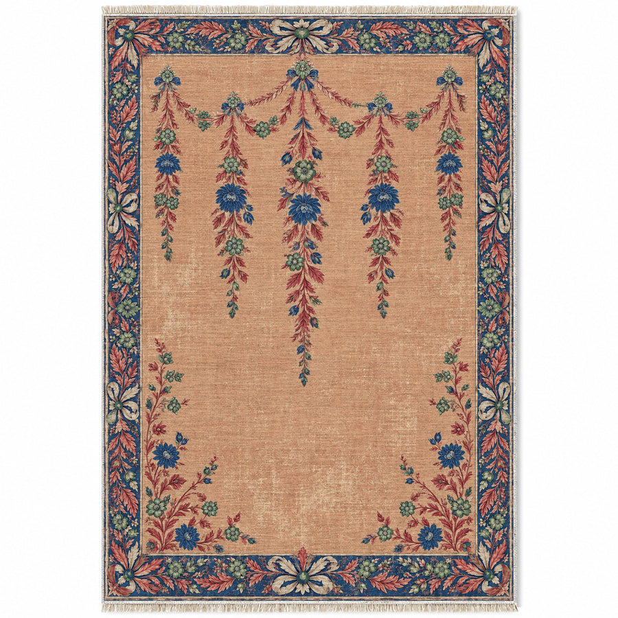 Aubusson Swag Balcony Peach, Cobalt & Jade Distressed Washable Rug