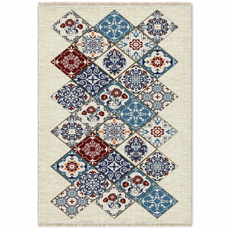 Azulejo Diamond Blue & Ivory Tile Washable Rug