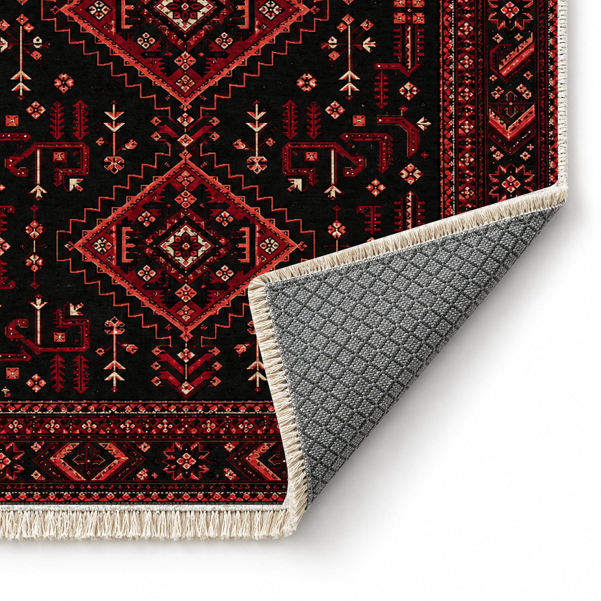 Baluch Diamond Black washable rug folded corner showing the backing
