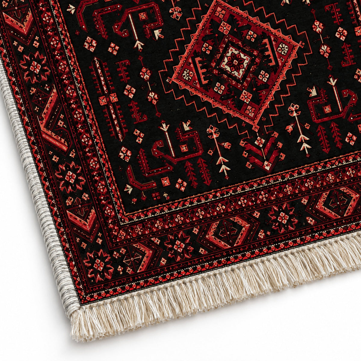 Baluch Diamond Black washable rug close-up of the printed chenille