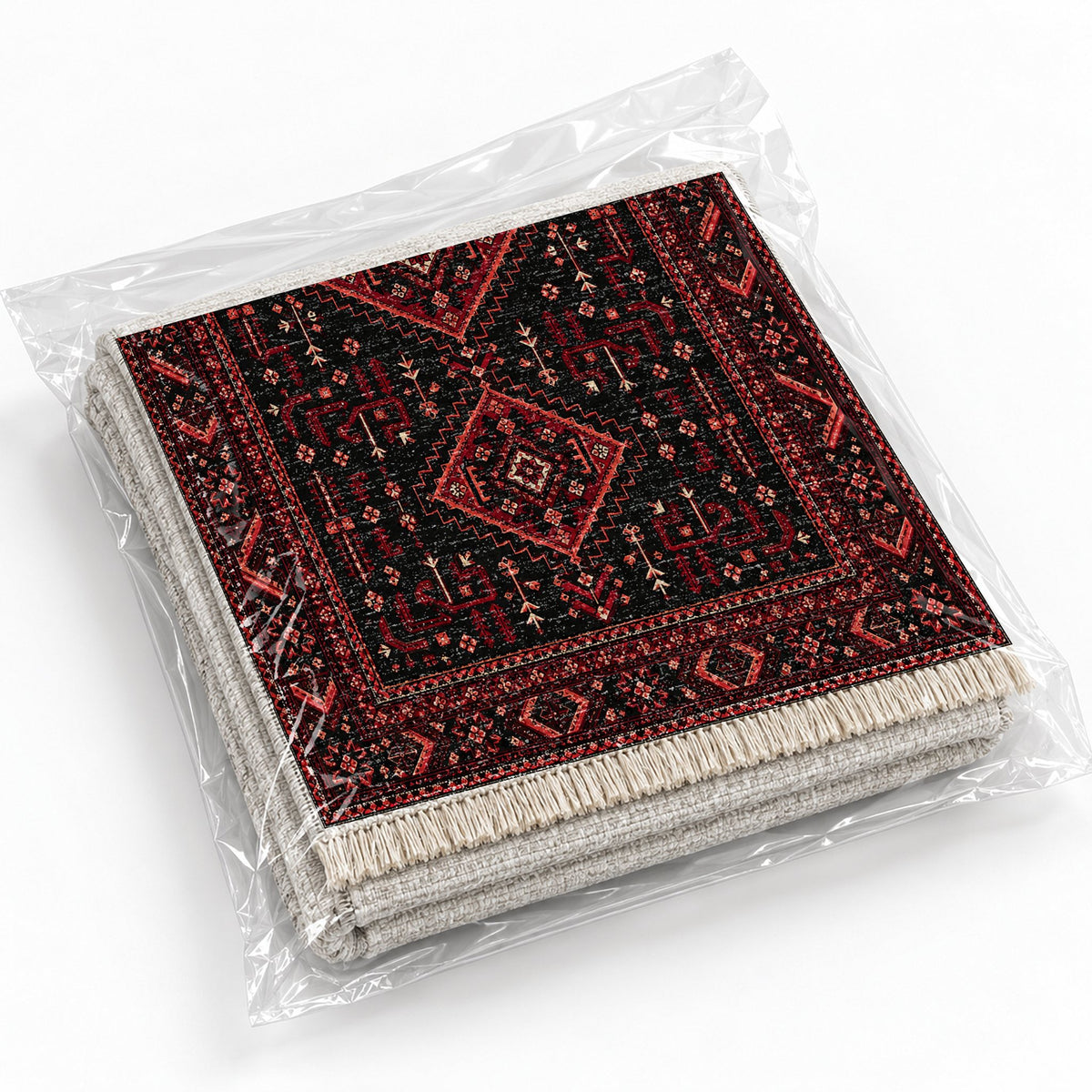 Baluch Diamond Black washable rug rolled and packaged