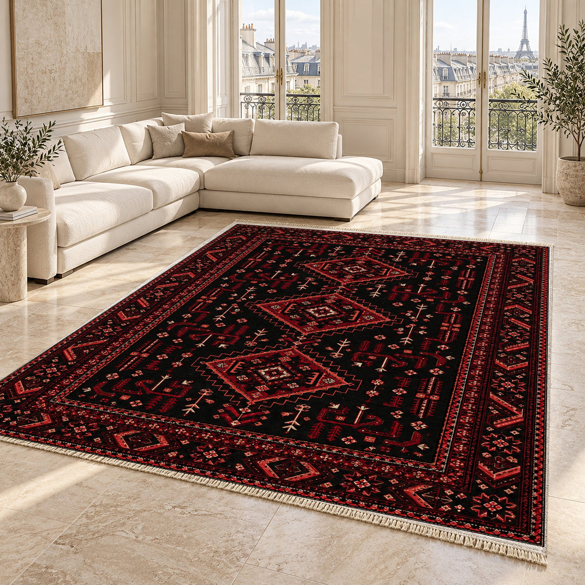 Baluch Diamond Black washable rug angled room view on marble