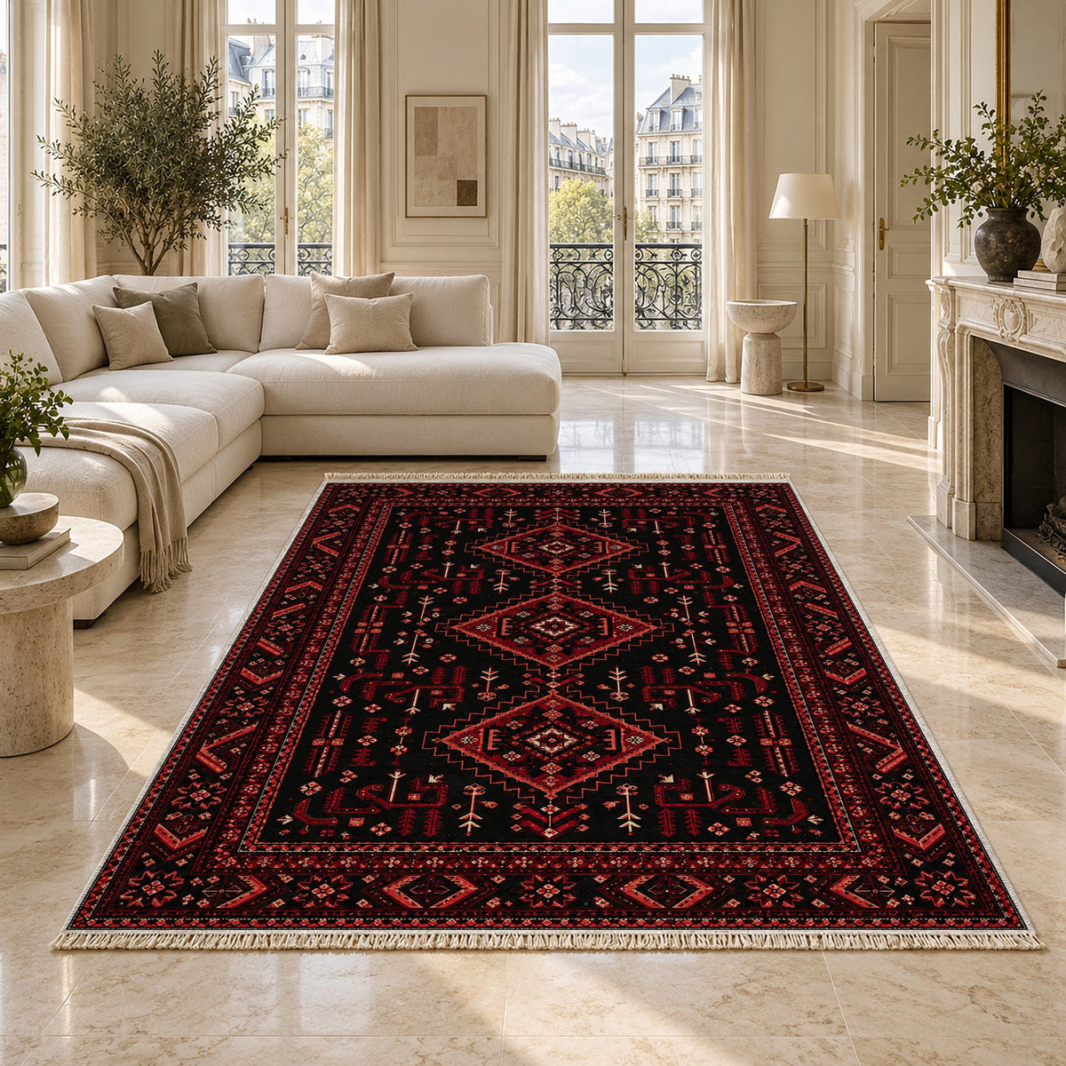 Baluch Diamond Black washable rug on a marble floor