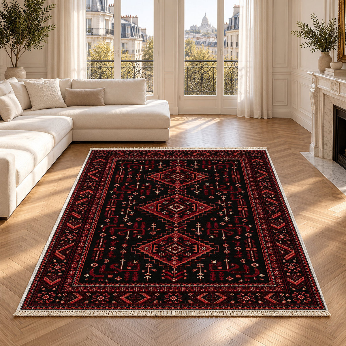 Baluch Diamond Black washable rug in a Paris living room