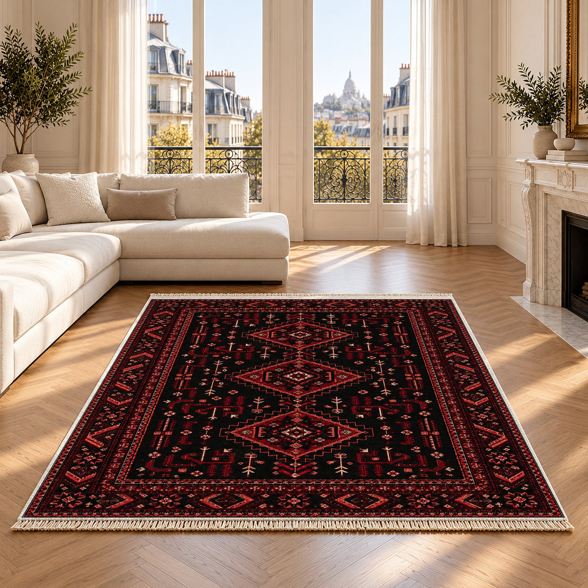 Baluch Diamond Black washable rug on an oak floor