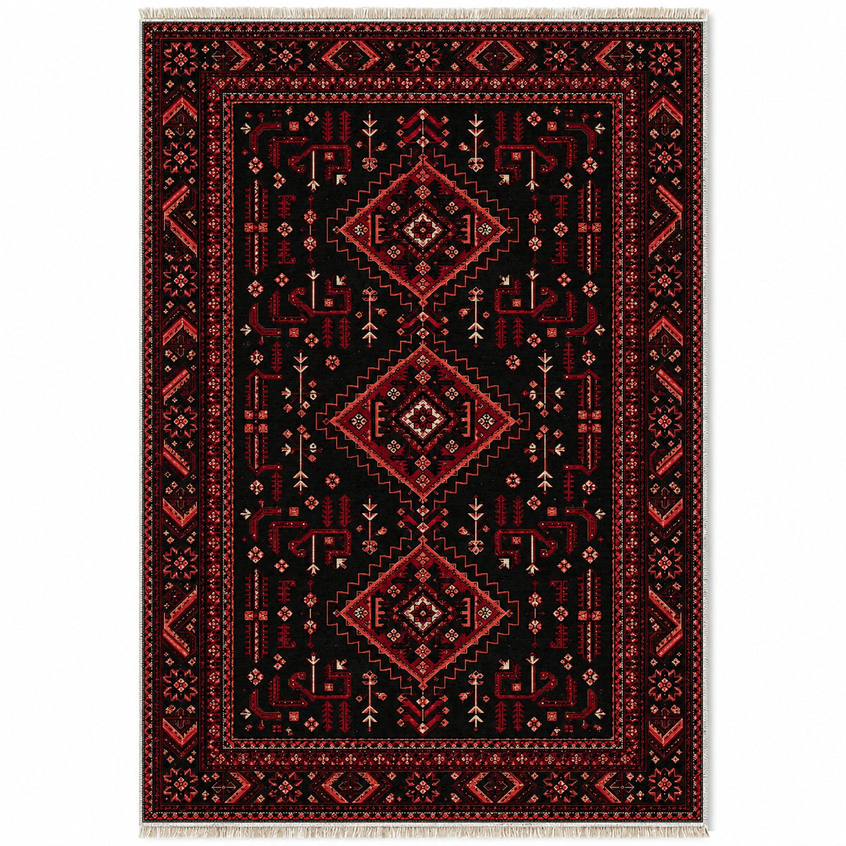 Baluch Diamond Black washable rug top view