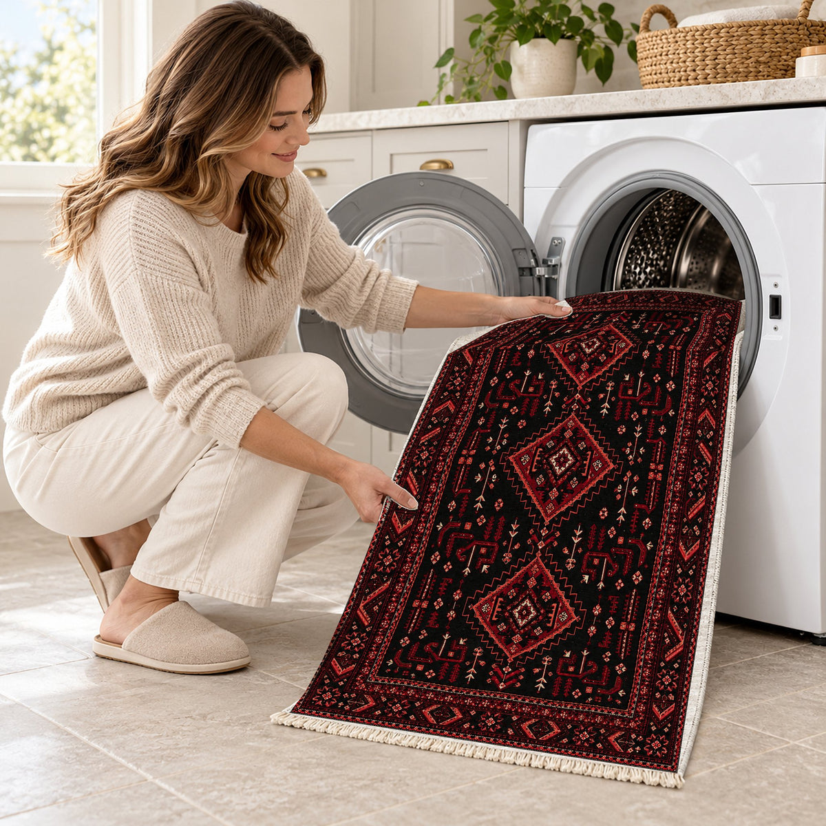 Baluch Diamond Black washable rug being loaded into a washing machine
