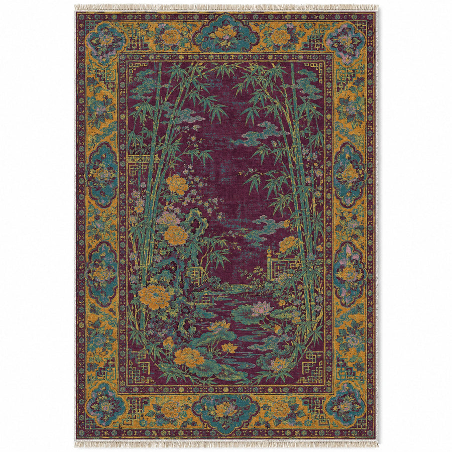 Bamboo Courtyard Burgundy & Teal Oriental Washable Rug