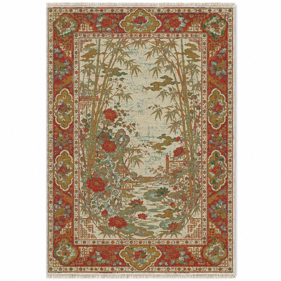 Bamboo Courtyard Emerald & Terracotta Oriental Washable Rug