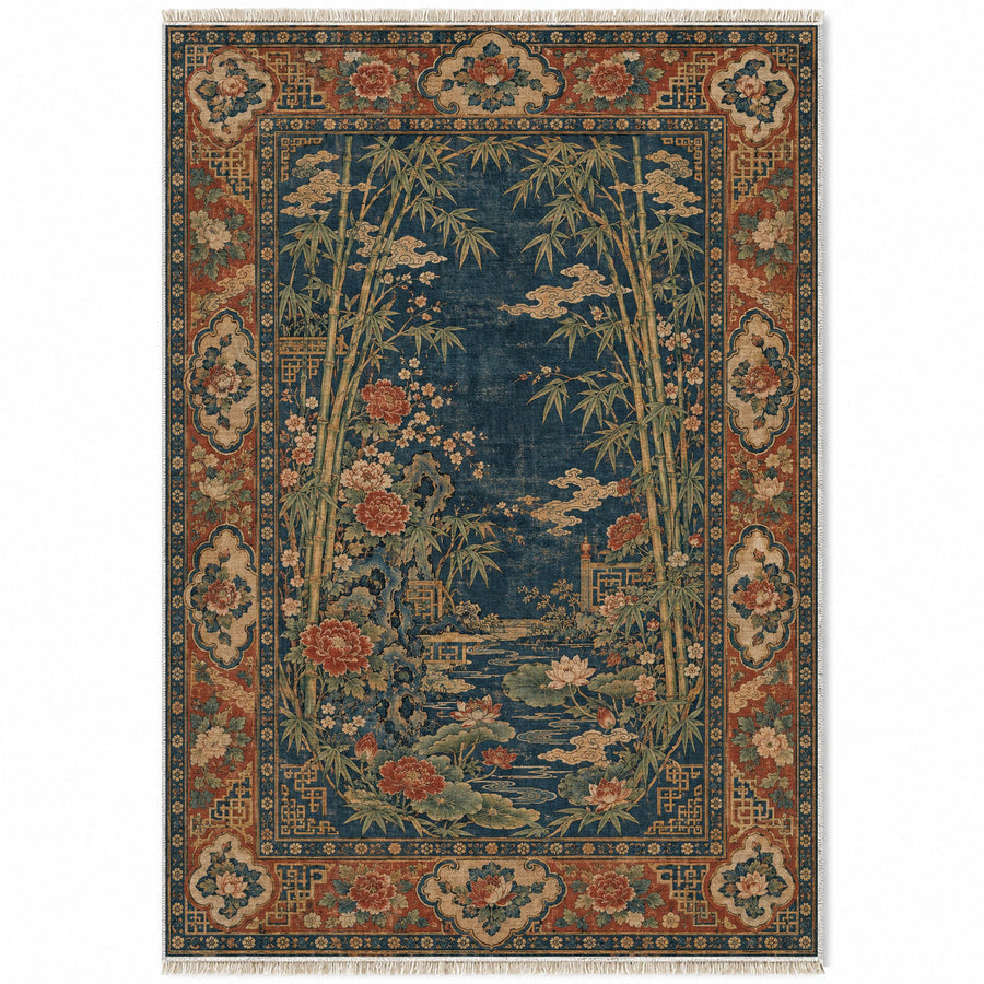 Bamboo Courtyard Indigo & Rust Oriental Washable Rug