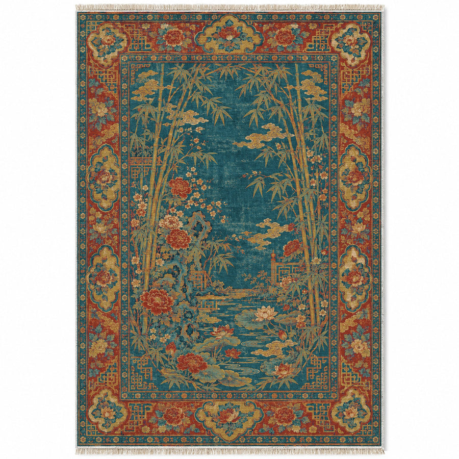 Bamboo Courtyard Peacock & Ochre Oriental Washable Rug
