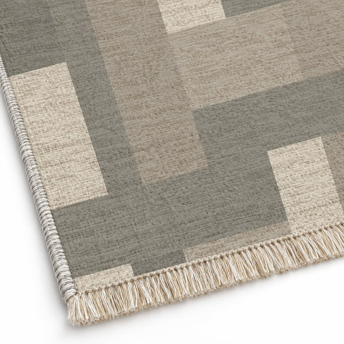Basket Rhythm Greige & Stone washable rug close-up of the printed chenille