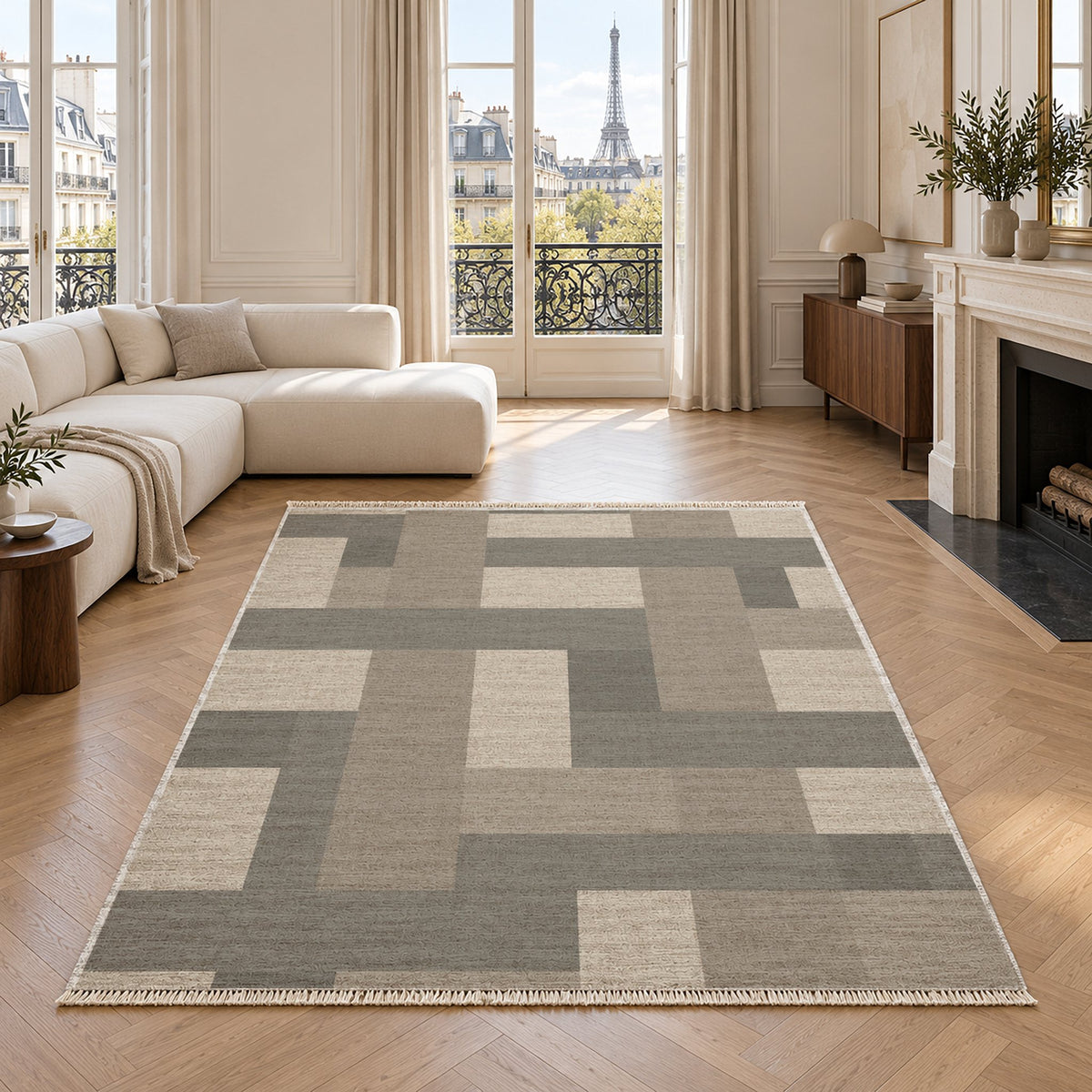 Basket Rhythm Greige & Stone washable rug in a living room with an Eiffel Tower view