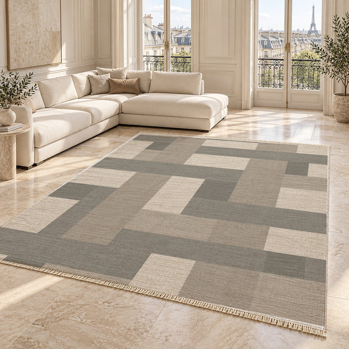 Basket Rhythm Greige & Stone washable rug angled room view on marble