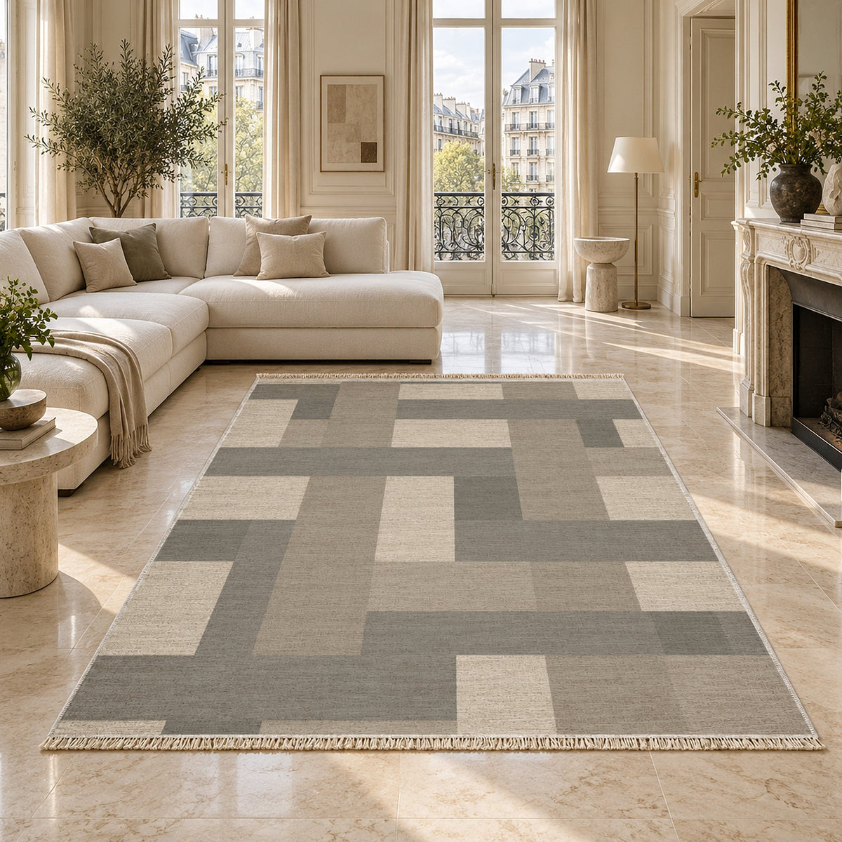 Basket Rhythm Greige & Stone washable rug on a marble floor