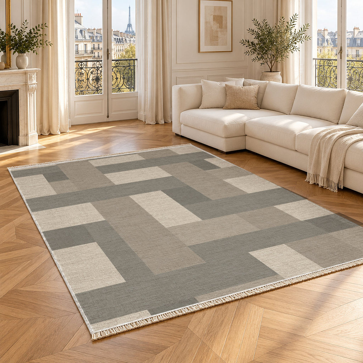 Basket Rhythm Greige & Stone washable rug angled room view