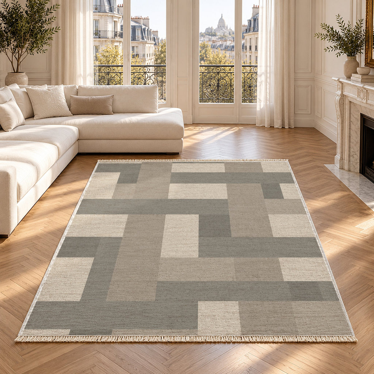 Basket Rhythm Greige & Stone washable rug in a Paris living room
