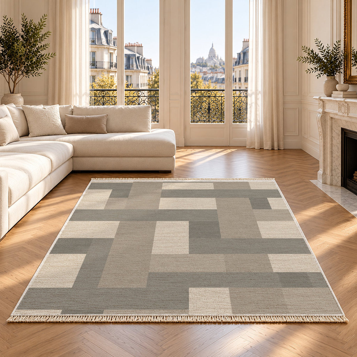 Basket Rhythm Greige & Stone washable rug on an oak floor