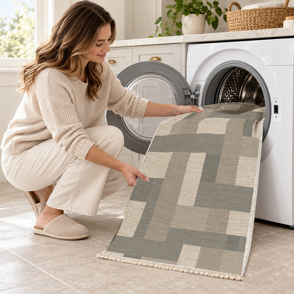 Basket Rhythm Greige & Stone washable rug being loaded into a washing machine