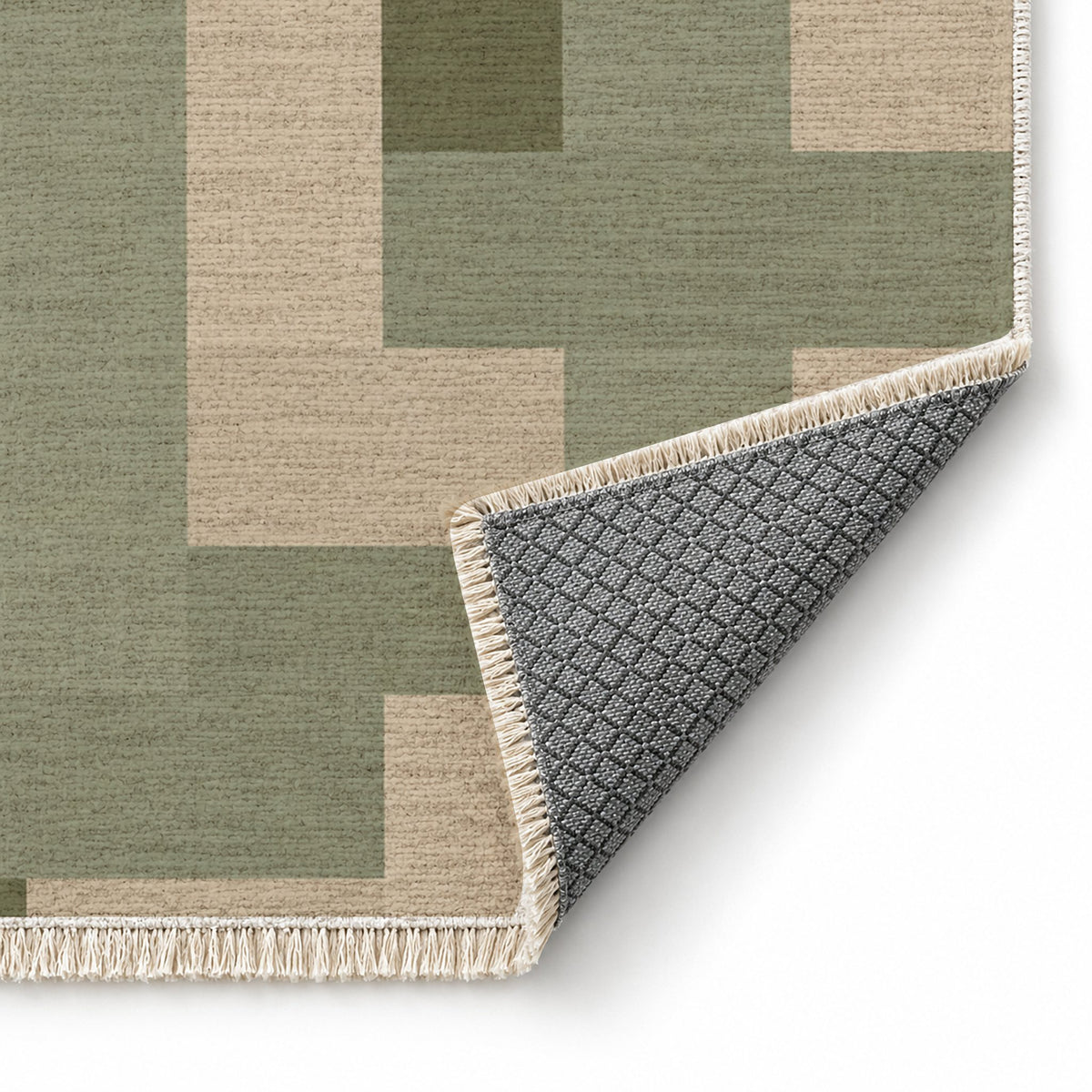 Basket Rhythm Sage & Oat washable rug folded corner showing the backing