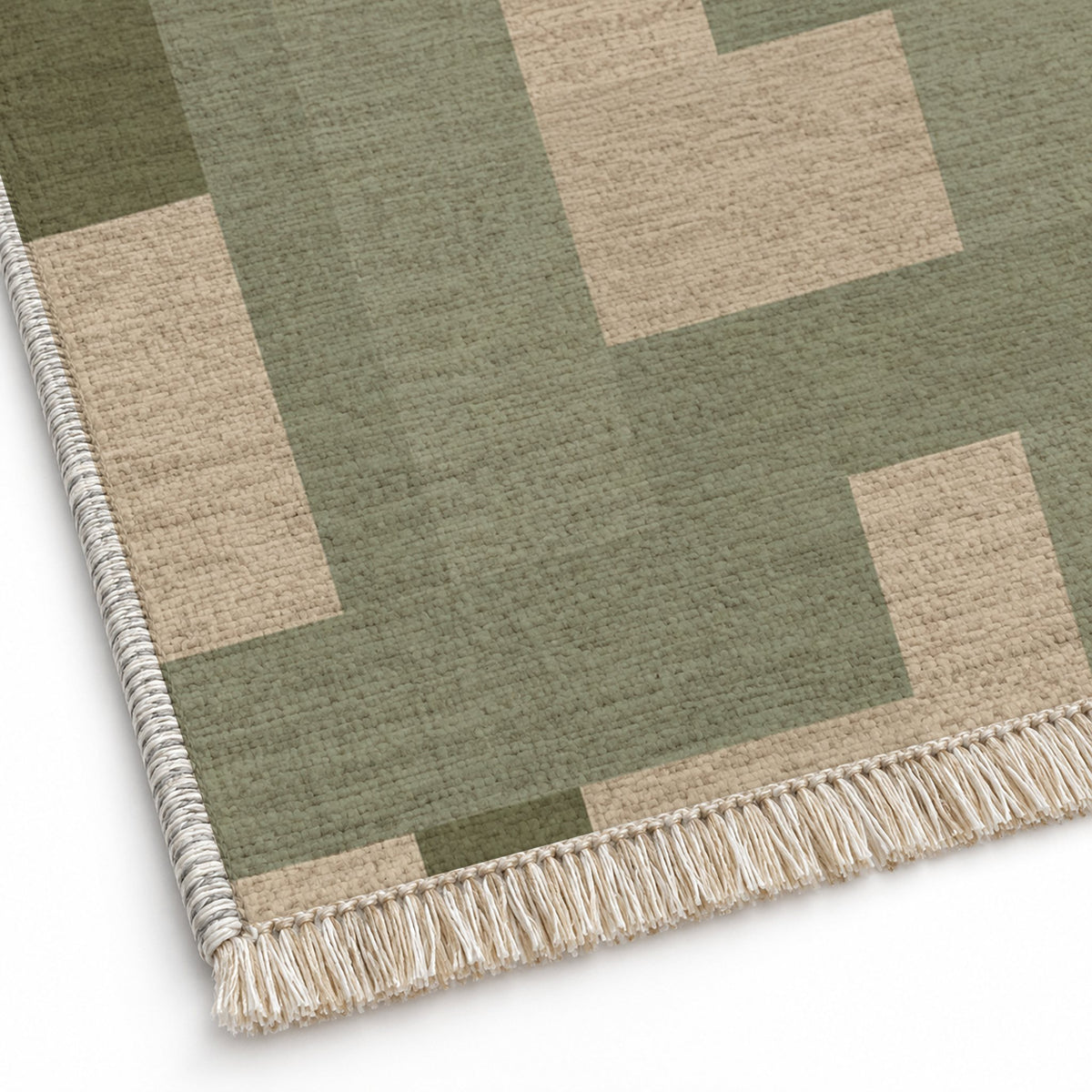 Basket Rhythm Sage & Oat washable rug close-up of the printed chenille