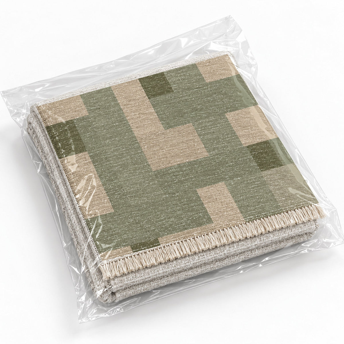 Basket Rhythm Sage & Oat washable rug rolled and packaged