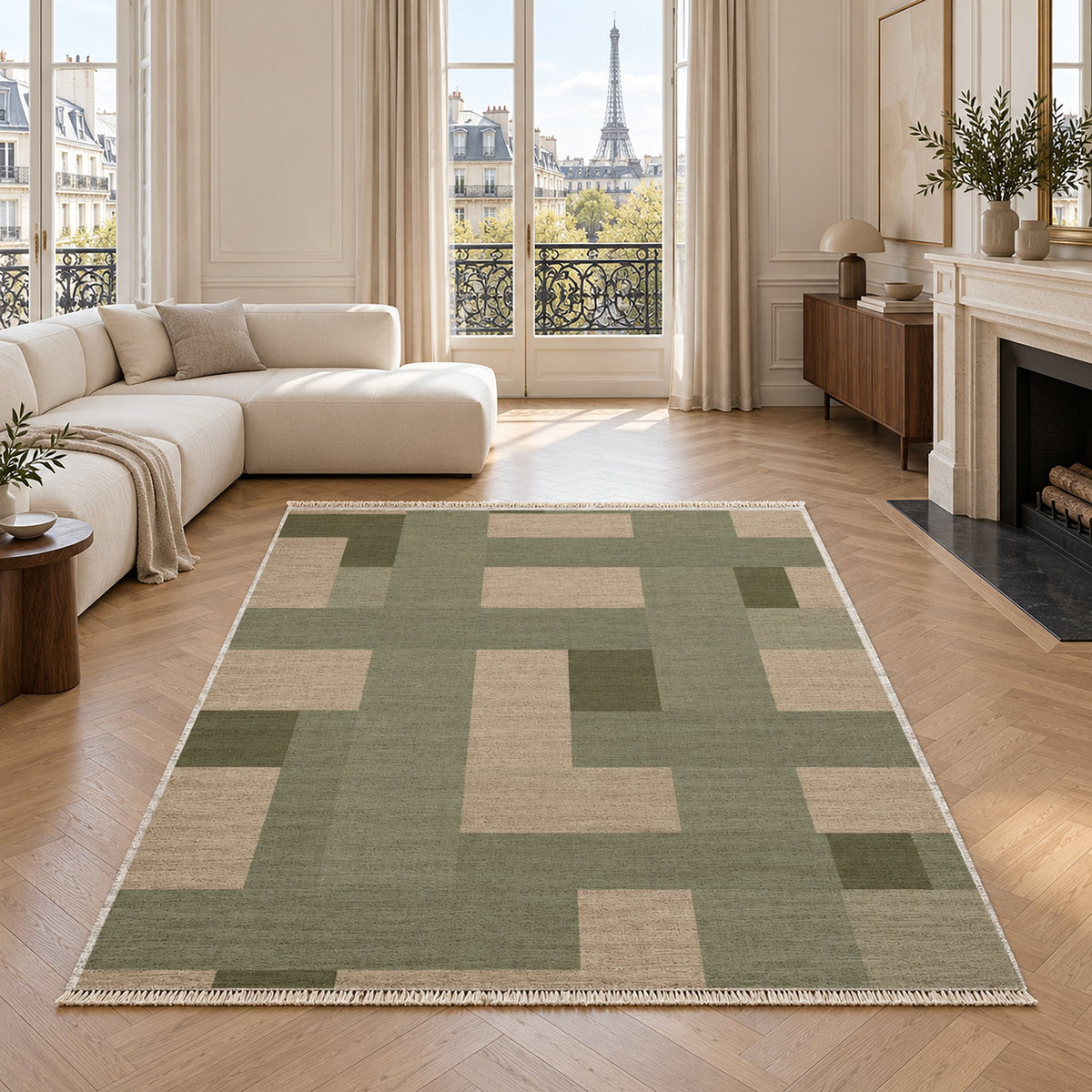 Basket Rhythm Sage & Oat washable rug in a living room with an Eiffel Tower view