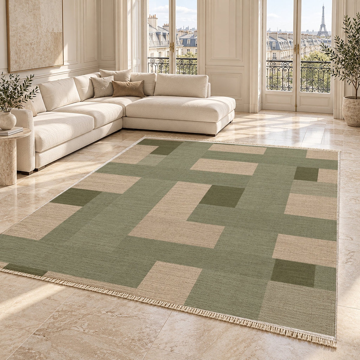 Basket Rhythm Sage & Oat washable rug angled room view on marble